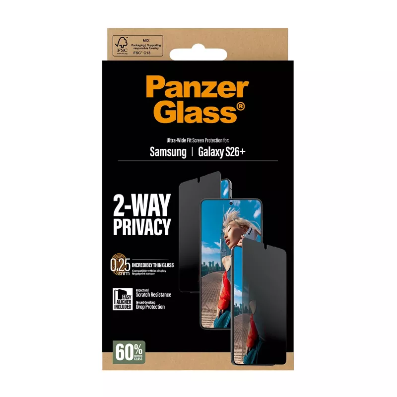 PanzerGlass® protector de pantalla con privacidad de 2 vías Samsung Galaxy S26+ | Ultra-Wide Fit con EasyAligner