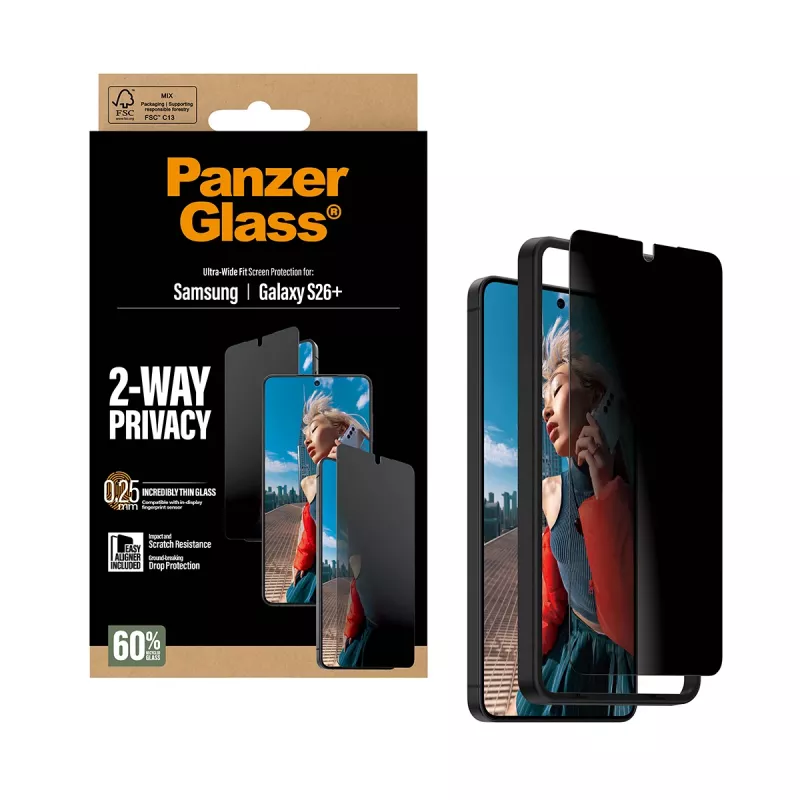 PanzerGlass® protector de pantalla con privacidad de 2 vías Samsung Galaxy S26+ | Ultra-Wide Fit con EasyAligner