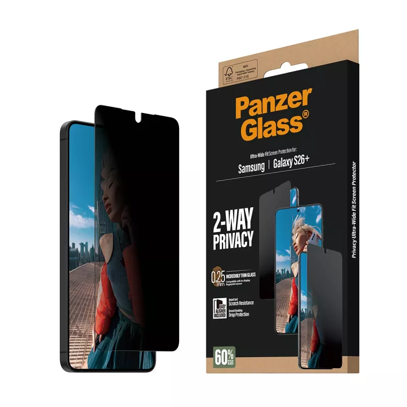 PanzerGlass® protector de pantalla con privacidad de 2 vías Samsung Galaxy S26+ | Ultra-Wide Fit con EasyAligner