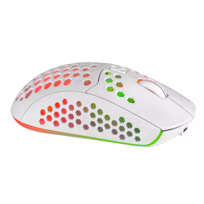 Mars Gaming MMW3W, ratón gaming inalámbrico, RGB Flow, ultraligero 79 g, 3200 DPI, blanco