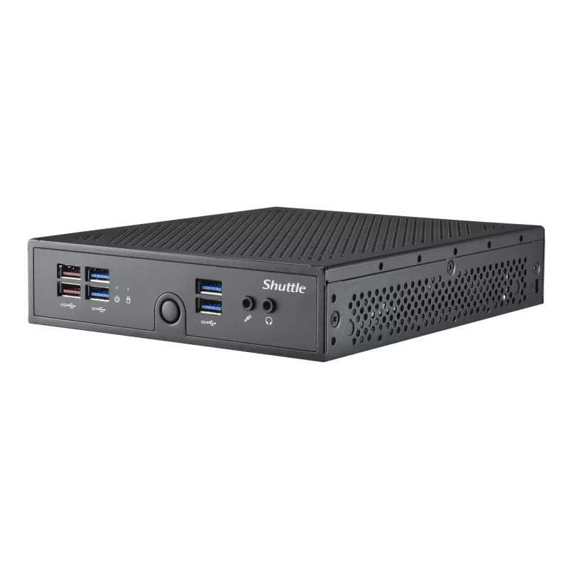 Shuttle XPC Barebone delgado DS50U, Intel Celeron 7305, 2x LAN (1x 2.5Gbit, 1x 1Gbit), 1xCOM, 1xHDMI, 1xDP, 1x VGA, sin ventilador, funcionamiento continuo 24/7