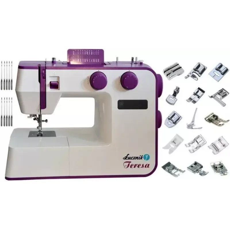 Máquina de coser Lucznik Teresa portátil ligera – Modelo Teresa, máquina de coser doméstica eléctrica, funciones de puntada básicas, blanco-violeta