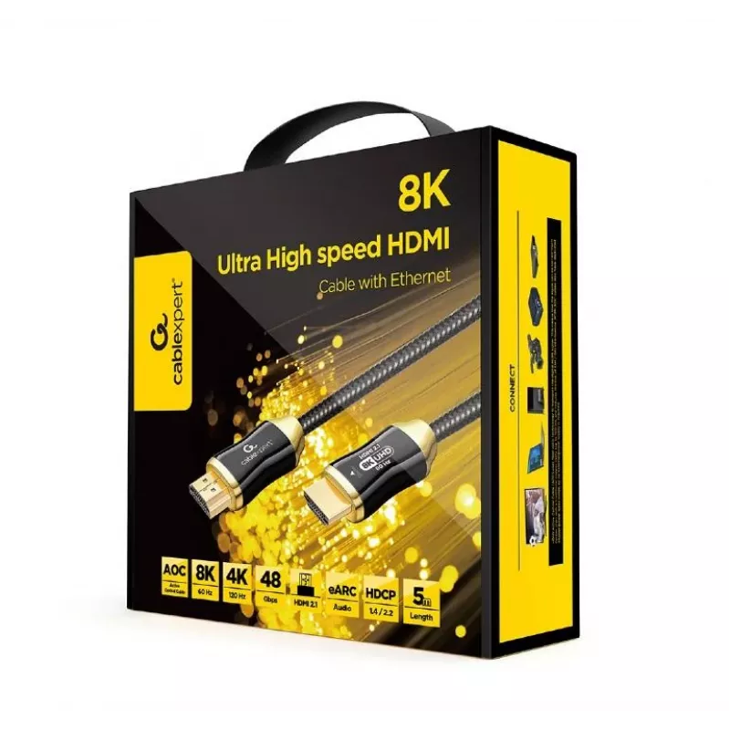 Cable HDMI Gembird CCBP-HDMI8K-AOC-5M — HDMI 2.1, 48 Gbit/s, 5 m, conectores dorados