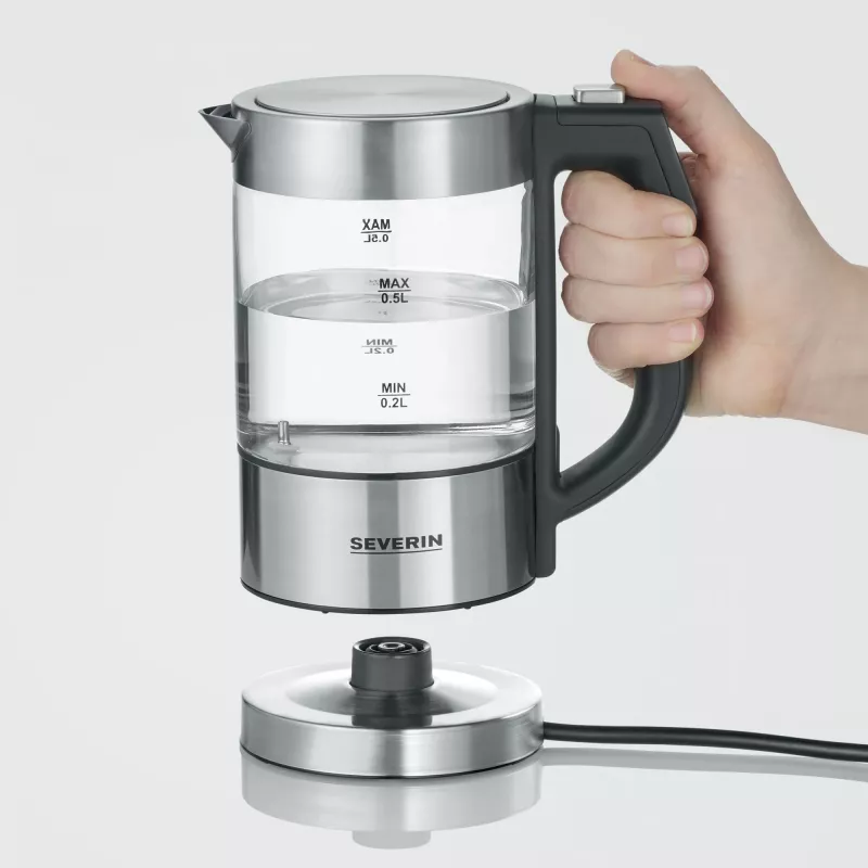 Hervidor SEVERIN WK3458, 0,5 L, 1100 W, cristal y acero inoxidable, 5 ajustes de temperatura, inalámbrico