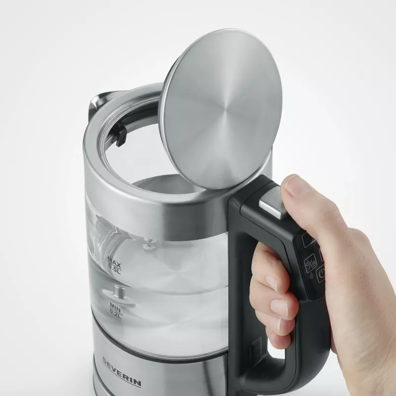 Hervidor SEVERIN WK3458, 0,5 L, 1100 W, cristal y acero inoxidable, 5 ajustes de temperatura, inalámbrico
