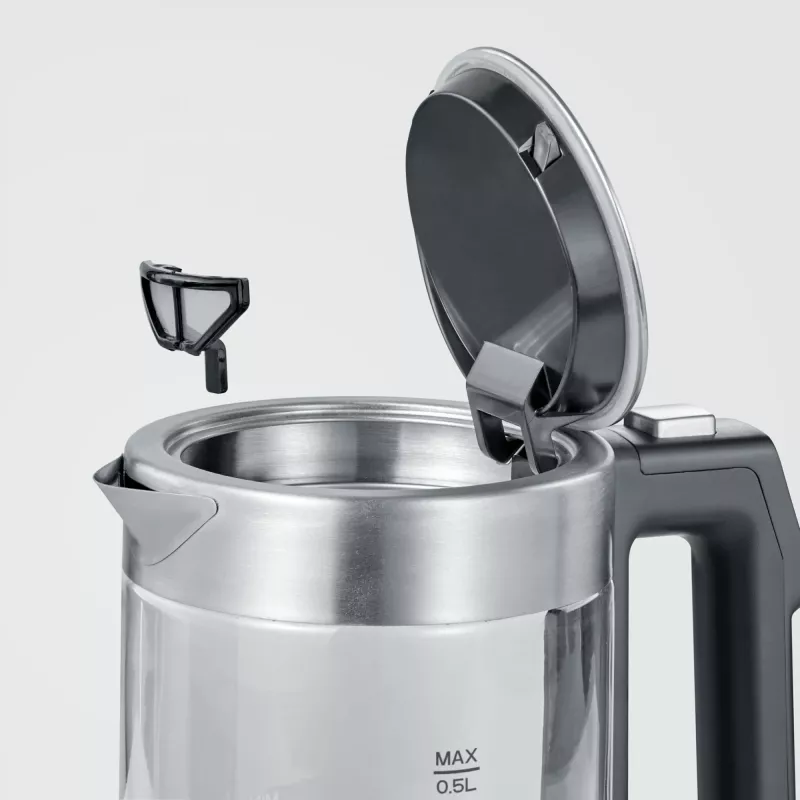 Hervidor SEVERIN WK3458, 0,5 L, 1100 W, cristal y acero inoxidable, 5 ajustes de temperatura, inalámbrico