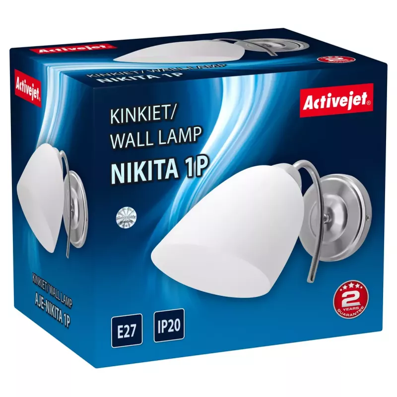Lámpara de pared ActiveJet NIKITA níquel E27 de una luz, pantalla redonda de metal, IP20, 220–240 V, máx. 60 W
