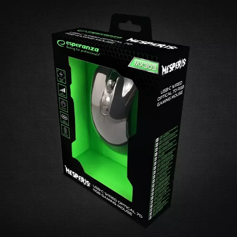 Ratón gaming ESPERANZA EGM303 USB Type-C, óptico 2400 DPI, 7 botones, RGB, para diestros, negro