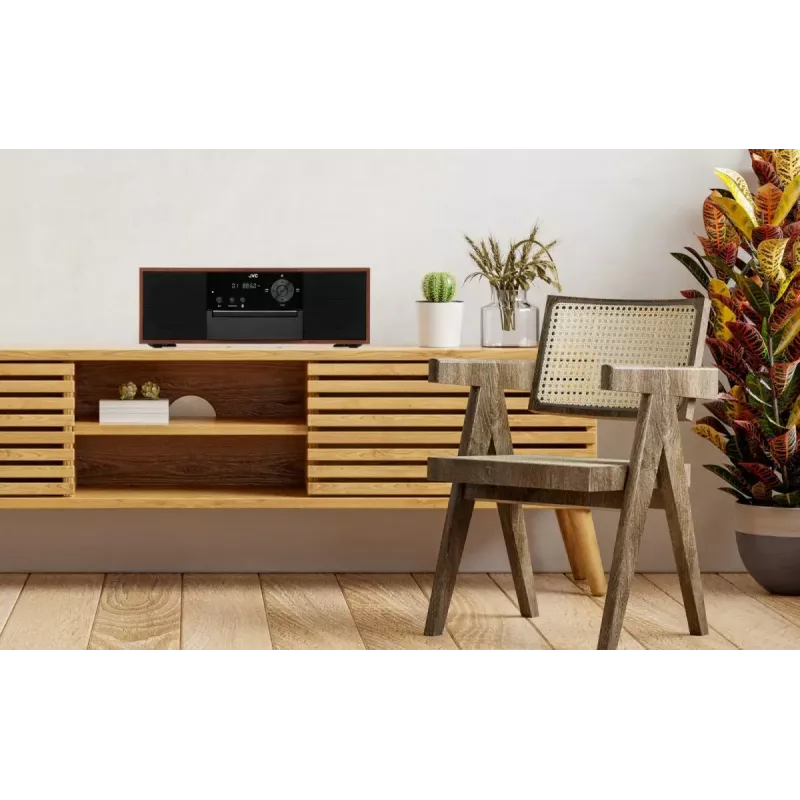 Minicadena JVC RD-E761, 2x8 W RMS, Bluetooth 4.2, USB, CD, FM, carcasa de madera, negra