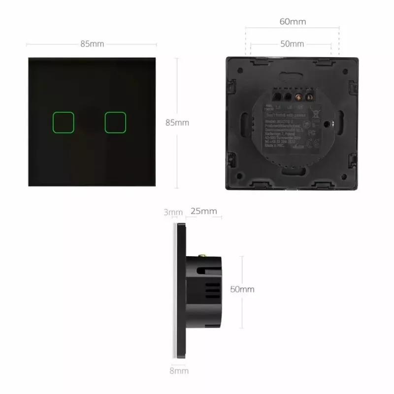 Maclean MCE712B Interruptor de luz táctil, doble (conmutado/cruce), negro