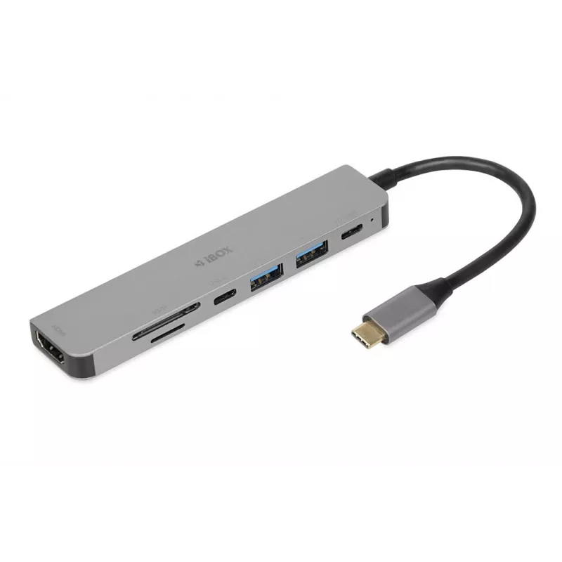 Docking hub IBOX IUH3SL4K USB Type-C 5 Gbit/s, HDMI 4K@30Hz, PD hasta 100 W, 2x USB-A, 2x USB-C, lector de tarjetas, Plata