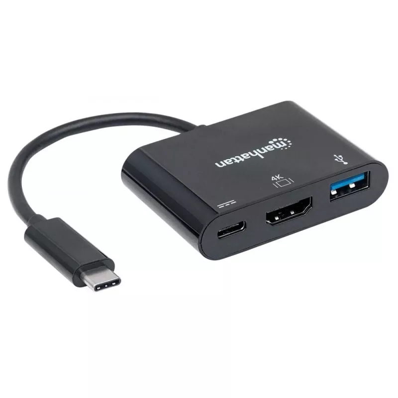 Dock/hub USB-C Manhattan, puertos (x3): HDMI, USB-A y USB-C, 5 Gbit/s (USB 3.2 Gen1 alias USB 3.0), con Power Delivery (60W) al puerto USB-C (Nota: fuente de alimentación USB-C adicional y USB-
