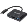 Dock/hub USB-C Manhattan, puertos (x3): HDMI, USB-A y USB-C, 5 Gbit/s (USB 3.2 Gen1 alias USB 3.0), con Power Delivery (60W) al puerto USB-C (Nota: fuente de alimentación USB-C adicional y USB-