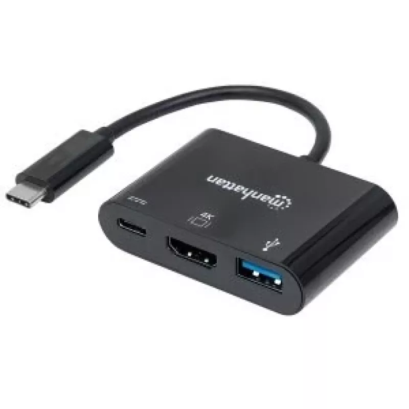 Dock/hub USB-C Manhattan, puertos (x3): HDMI, USB-A y USB-C, 5 Gbit/s (USB 3.2 Gen1 alias USB 3.0), con Power Delivery (60W) al puerto USB-C (Nota: fuente de alimentación USB-C adicional y USB-