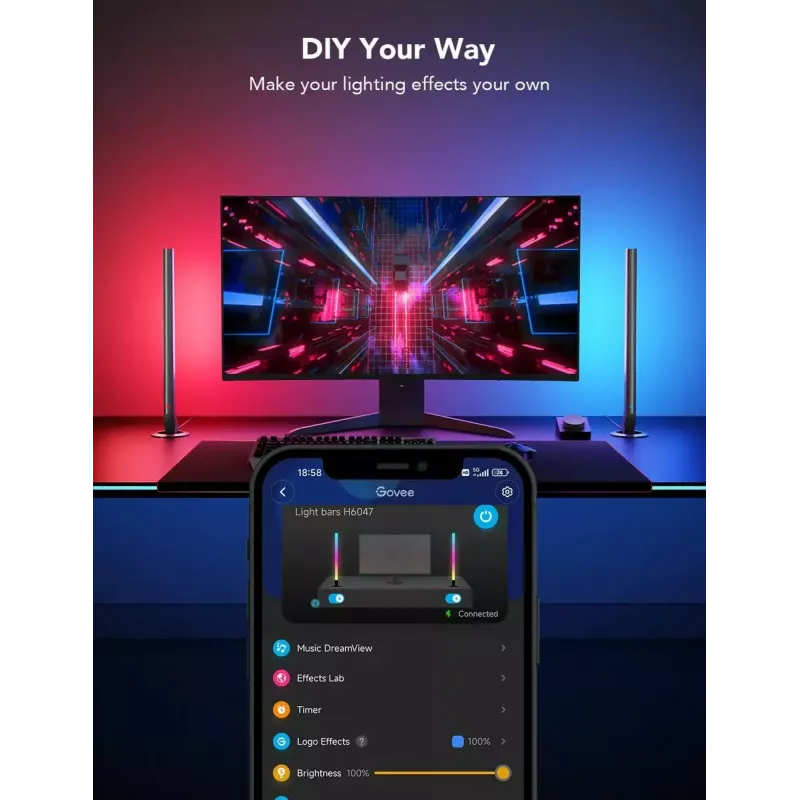 Barras de luz gaming de mesa y colgantes Govee H6047 RGBIC Wi‑Fi, iluminación RGBIC multizona