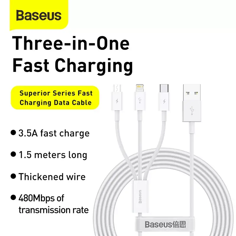 Cable USB Baseus Superior USB 2.0 1,5 m USB A USB C/Micro USB A/Lightning blanco