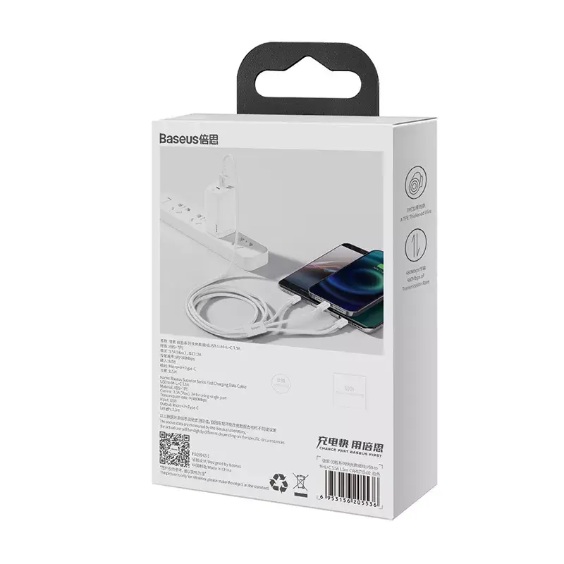 Cable USB Baseus Superior USB 2.0 1,5 m USB A USB C/Micro USB A/Lightning blanco