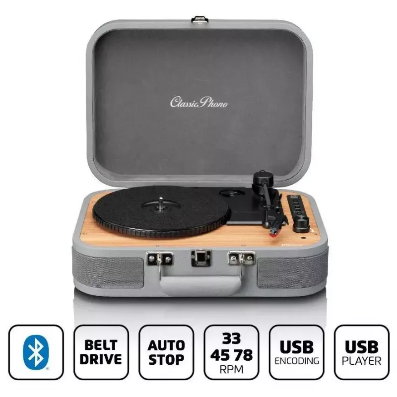 Tocadiscos maleta Lenco TT-116GR reproductor de vinilo portátil con Bluetooth 5.0, USB, AUX, altavoces integrados, 4W, compatible con discos de 7/10/12
