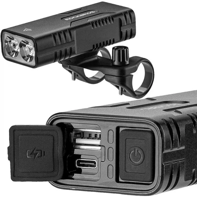 Rockbros luz de bicicleta con función de power bank + cable de USB-C a USB-A, 850 lm, negro