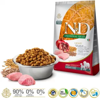 FARMINA N&D ANCESTRAL GRAIN DOG LIGHT - POLLO, ESPELTA, AVENA Y GRANADA ADULTO MEDIANO Y GRANDE 12 kg