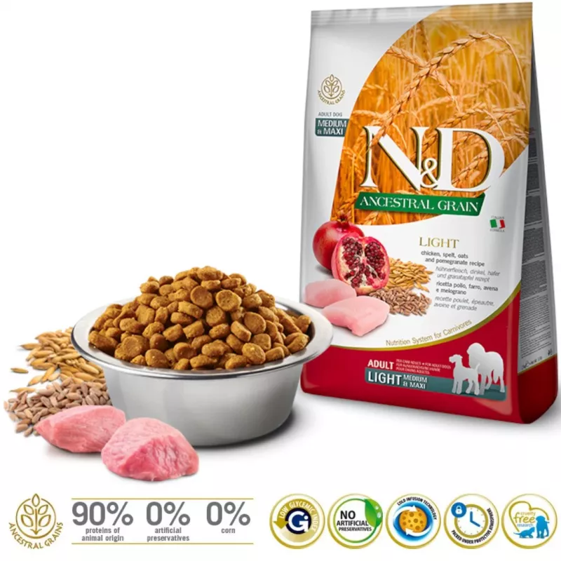 FARMINA N&D ANCESTRAL GRAIN DOG LIGHT - POLLO, ESPELTA, AVENA Y GRANADA ADULTO MEDIANO Y GRANDE 12 kg