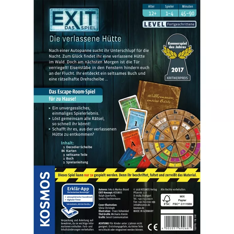 EXIT - El juego - La cabaña abandonada, juego de fiesta Kennerspiel des Jahres 2017