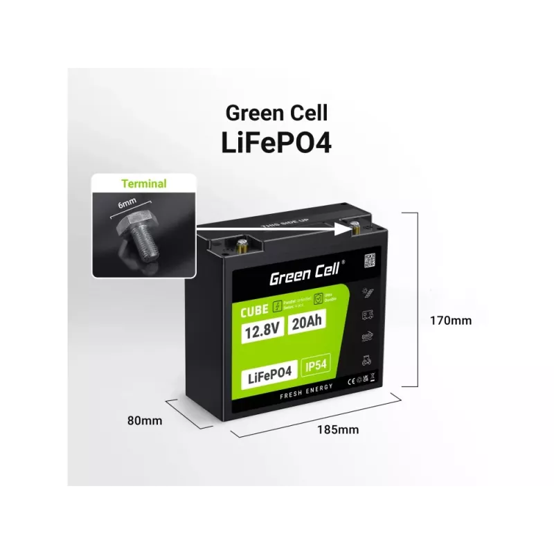 Batería UPS-Batterie Green Cell GC-LFPGC12V20AH litio hierro fosfato 12,8 V 20 Ah, 256 Wh, 185 x 80 x 170 mm, 3 kg