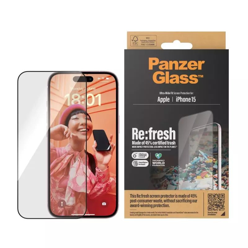 PanzerGlass ® Re:fresh protector de pantalla iPhone 15 Ultra-Wide Fit EasyAligner resistente a impactos transparente