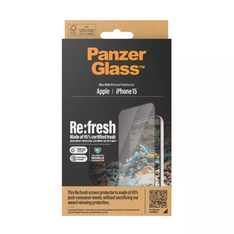 PanzerGlass ® Re:fresh protector de pantalla iPhone 15 Ultra-Wide Fit EasyAligner resistente a impactos transparente