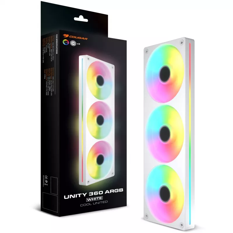 COUGAR Unity360-FB Ventilador ARGB PWM invertido de marco único 360mm, 120mm x3, 700–1600 RPM, FDB, Blanco