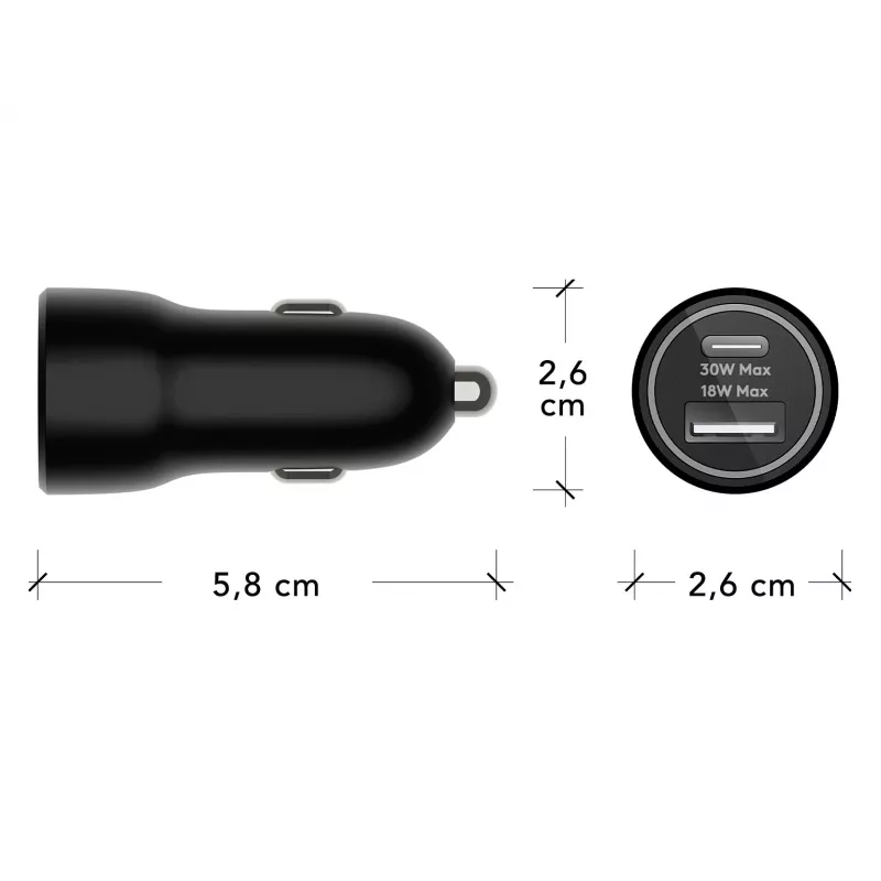 Cargador de coche d bramante re-charge — USB-C 30W + USB-A 18W, 12–24V, negro