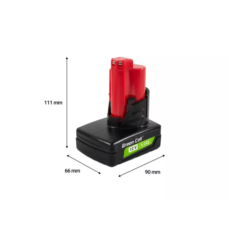 Batería para herramientas inalámbricas Green Cell PTML12V6 12V Li-Ion 6 Ah, dimensiones 6,6×9×11,1 cm