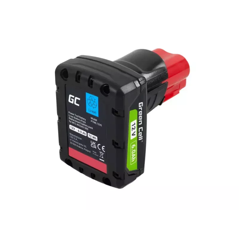 Batería para herramientas inalámbricas Green Cell PTML12V6 12V Li-Ion 6 Ah, dimensiones 6,6×9×11,1 cm
