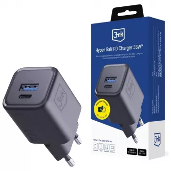 Cargador 3MK Hyper Charger PD 33W GaN QC4+ negro — cargador rápido PD 33W con tecnología GaN