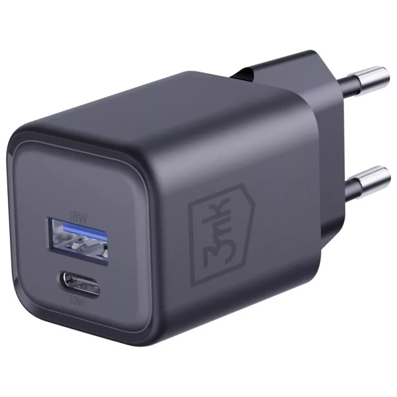 Cargador 3MK Hyper Charger PD 33W GaN QC4+ negro — cargador rápido PD 33W con tecnología GaN