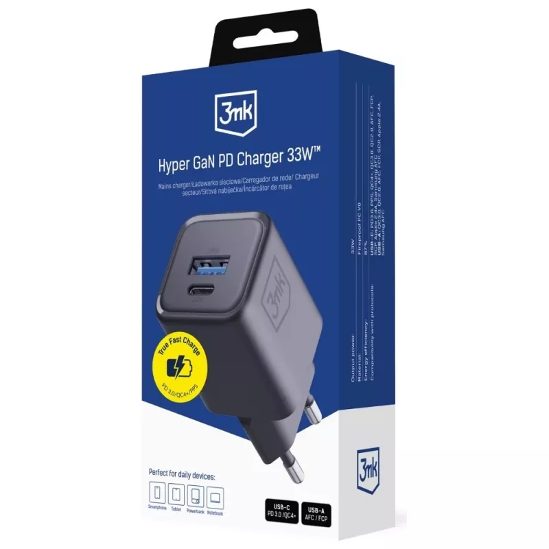 Cargador 3MK Hyper Charger PD 33W GaN QC4+ negro — cargador rápido PD 33W con tecnología GaN