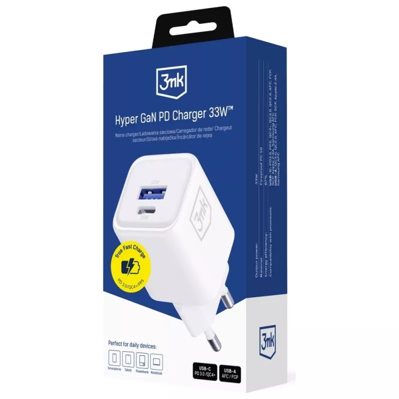 Cargador de pared 3MK Hyper Charger PD 33W GaN QC4+ blanco – USB-C PD 33W, GaN, Quick Charge 4+