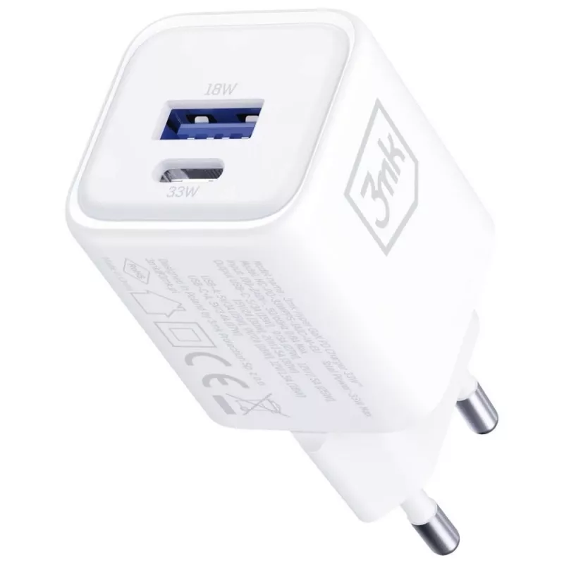 Cargador de pared 3MK Hyper Charger PD 33W GaN QC4+ blanco – USB-C PD 33W, GaN, Quick Charge 4+