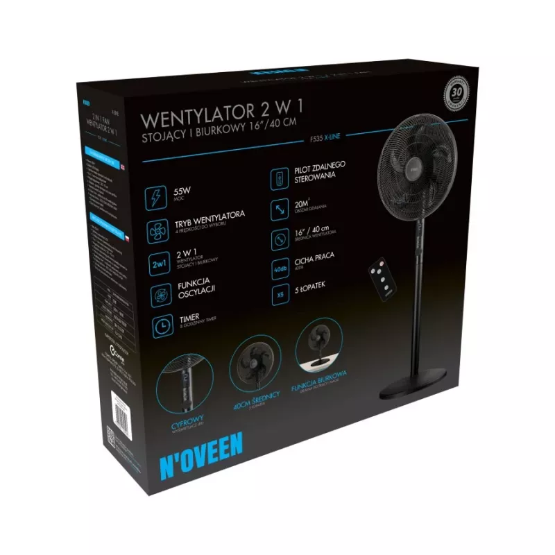 Ventilador de pie y de mesa 2 en 1 Noveen F535 X-Line, 40 cm, negro