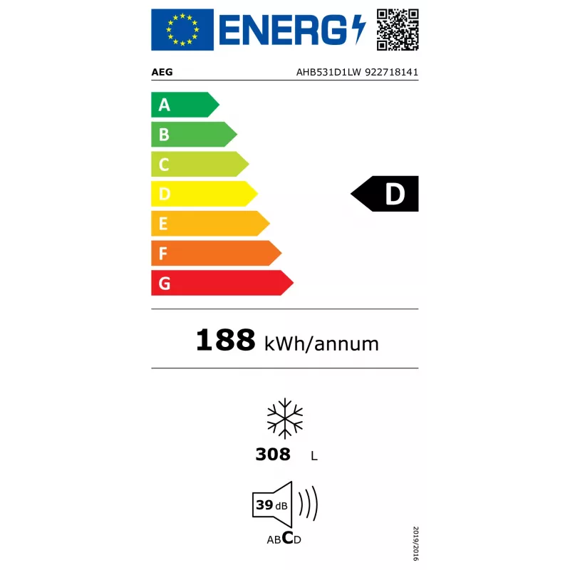 Arcón congelador AEG AHB531D1LW – independiente, 308 L de capacidad, 4 estrellas, 21 kg/24h de capacidad de congelación, clase de eficiencia energética D, blanco
