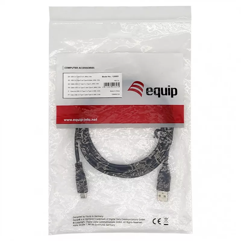 Cable EQUIP USB 2.0 C a A M/M, 0,3 m, USB 2.0 480 Mbit/s, contactos niquelados, negro