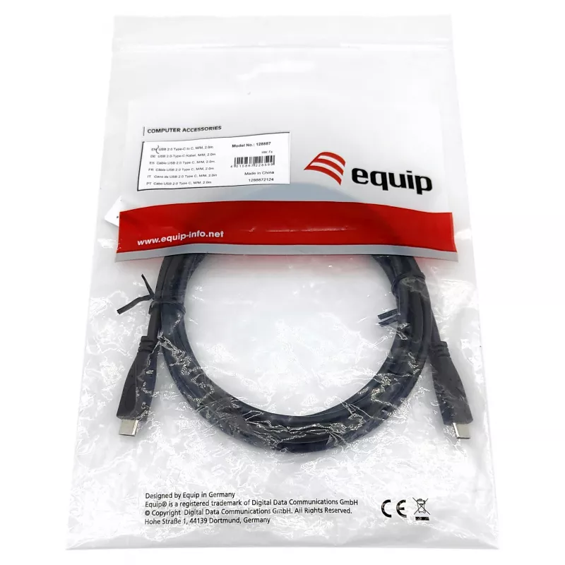 Cable USB-C a USB-C 2.0 EQUIP 128833, 0,5 m, PD 60 W, 0,48 Gbit/s, contactos niquelados, negro