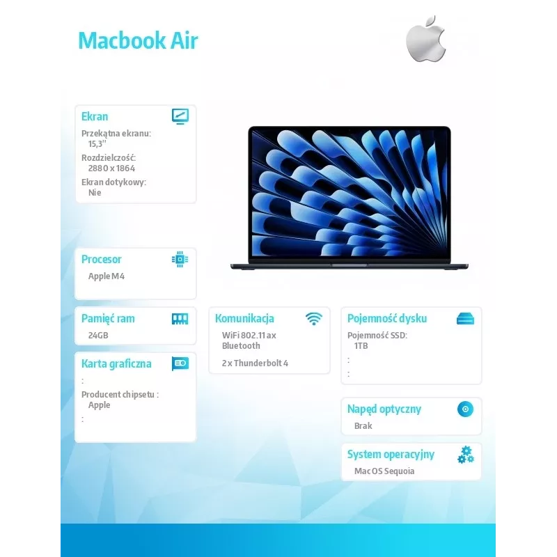 Portátil Apple MacBook Air M4 15,3 pulgadas 24GB 1TB macOS Midnight 70W