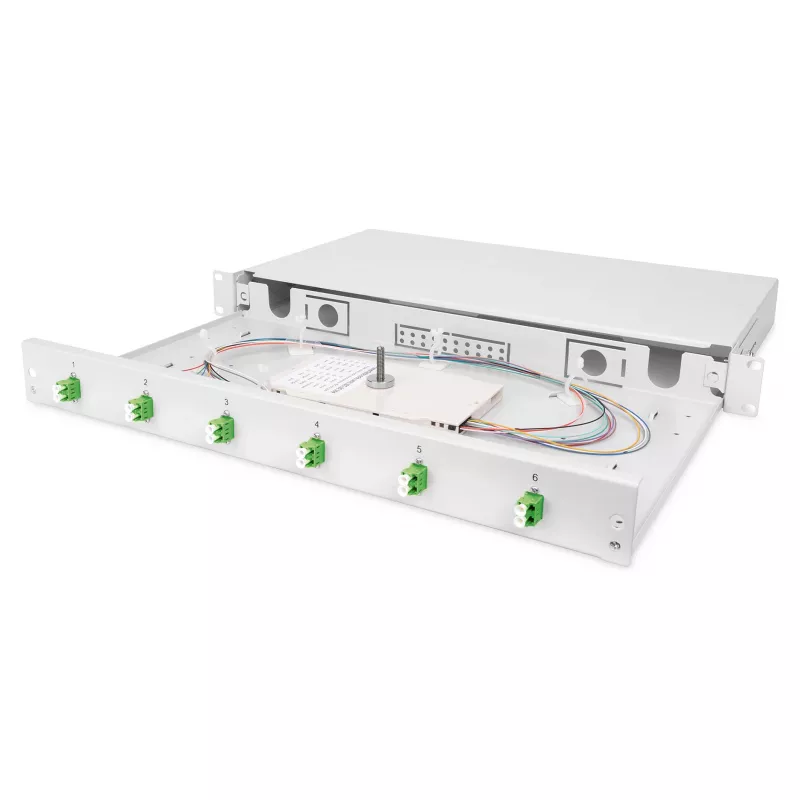 Caja de empalme de fibra óptica DIGITUS DN-96330/9APC 1U, equipada con 6x LC-APC DX, OS2, polímero/acero, gris claro