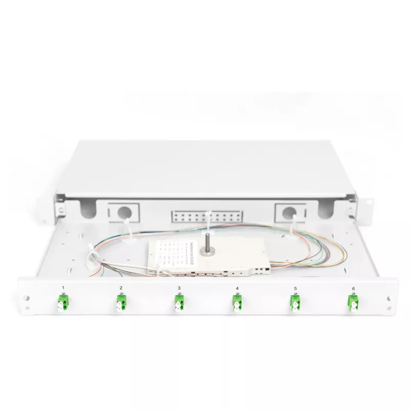 Caja de empalme de fibra óptica DIGITUS DN-96330/9APC 1U, equipada con 6x LC-APC DX, OS2, polímero/acero, gris claro