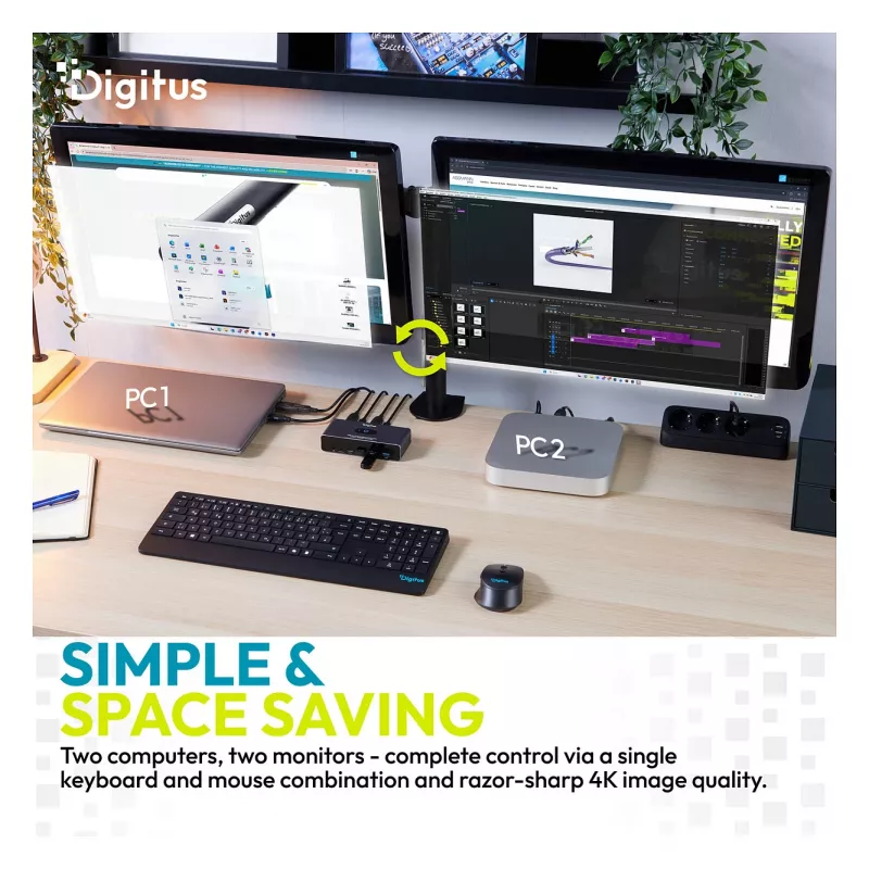 Conmutador KVM DIGITUS DS-12856 USB-C/USB-A 2 puertos Dual HDMI 4K60Hz (USB 3.2 Gen 1)