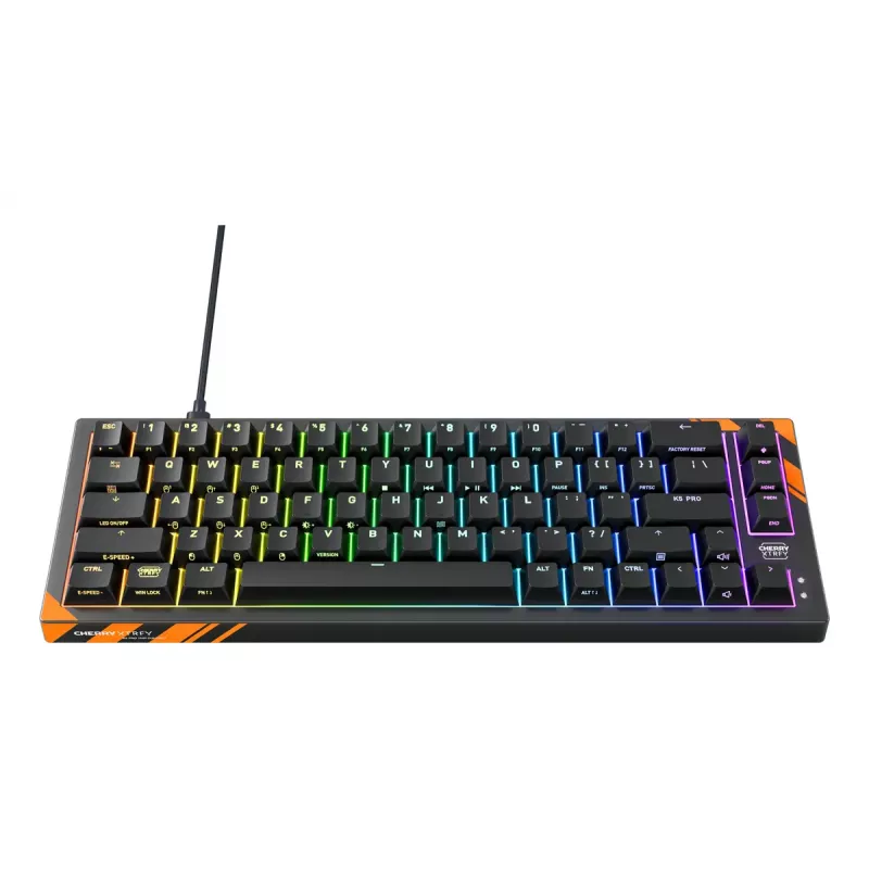 Teclado mecánico gaming Cherry K5 Pro TMR Compact — 65% QWERTY US, con cable USB, RGB, negro/naranja