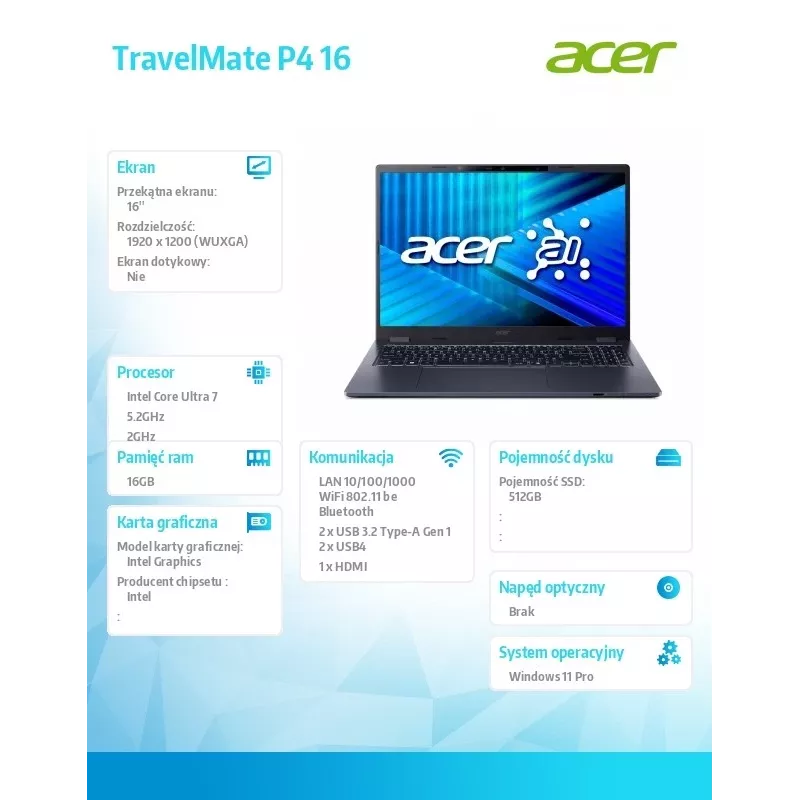 Acer TravelMate P4 TMP416-54-TCO Portátil con Intel Ultra 7 255U, 16 GB RAM, 512 GB SSD, Windows 11 Pro