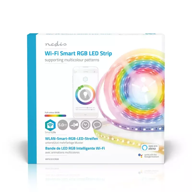 Tira de luz inteligente Nedis WIFILS51CRGB – Wi‑Fi, RGB, 24 W, cable de 1 m, 12 mm de ancho