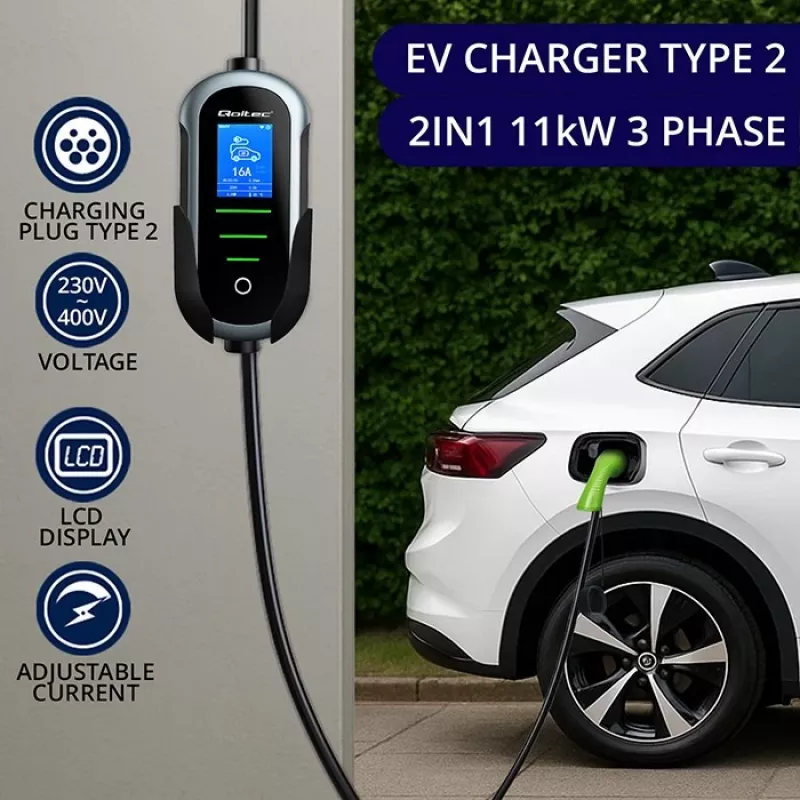 Cargador para coche eléctrico QOLTEC 11 kW 400 V CEE 16 A con WiFi
